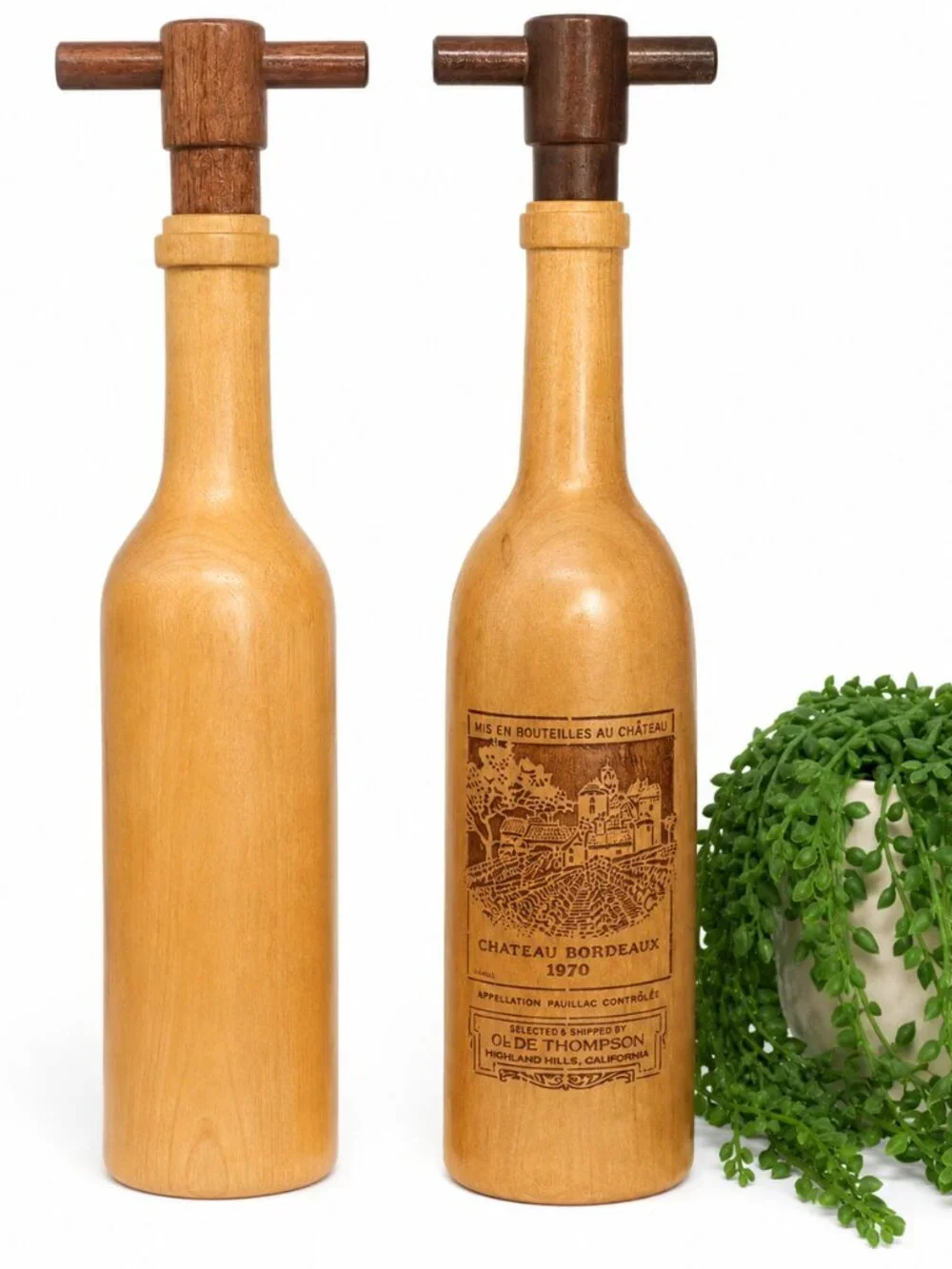 Vintage Chateau Bordeaux 1970 Wooden Wine Bottle Salt & Pepper Mill Set of 2 Eng